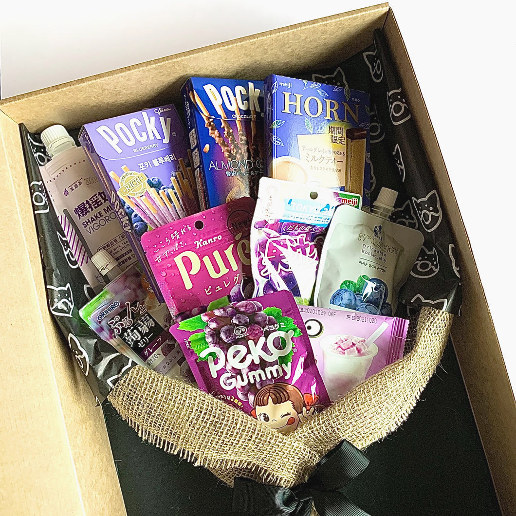 Order snack bouquet delivery online. Asian snacks & snack box Australia. Personalised gifts. Featuring grape Japanese snacks from Meiji, Pocky & Orihiro.