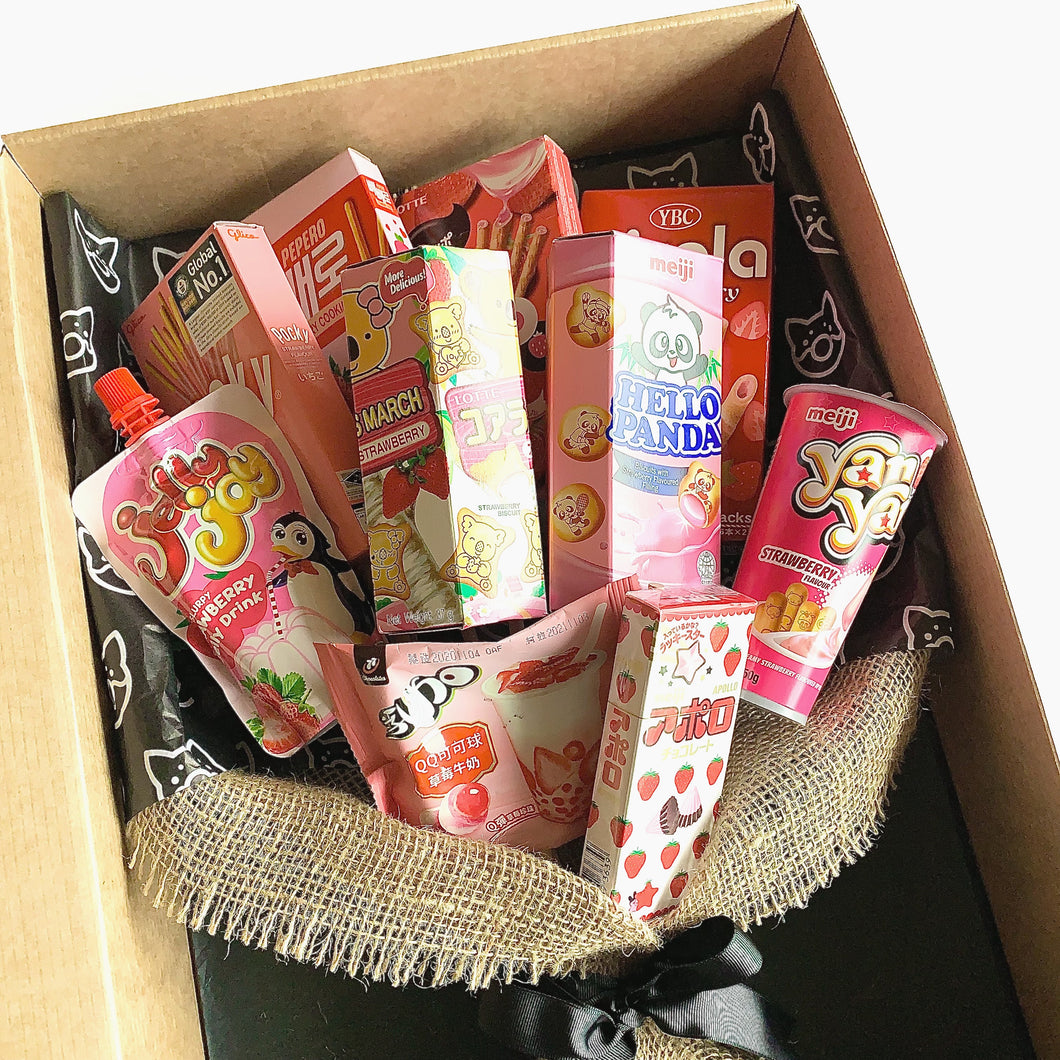 Order snack bouquet delivery online. Asian snacks & snack box Australia. Personalised gifts. Featuring strawberry Japanese snacks from Meiji, Lotte & Pocky.